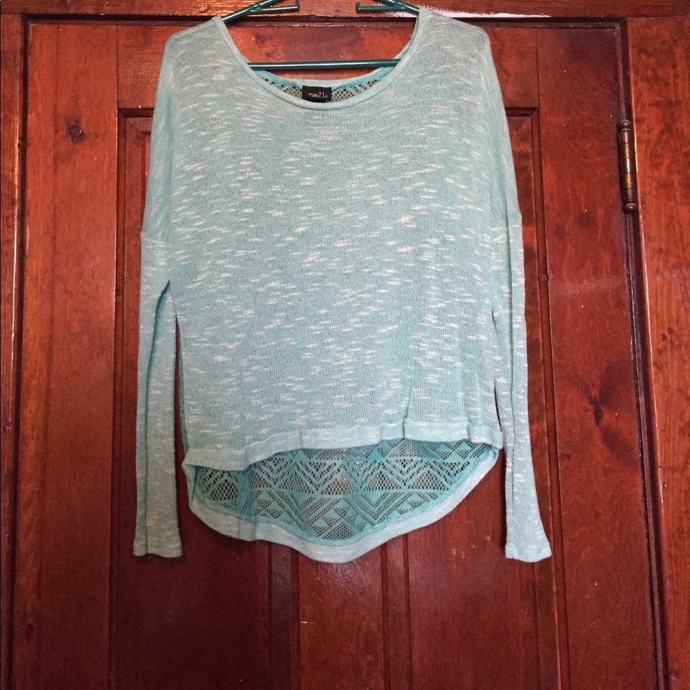 Turquoise-green colored sweater with chevron back