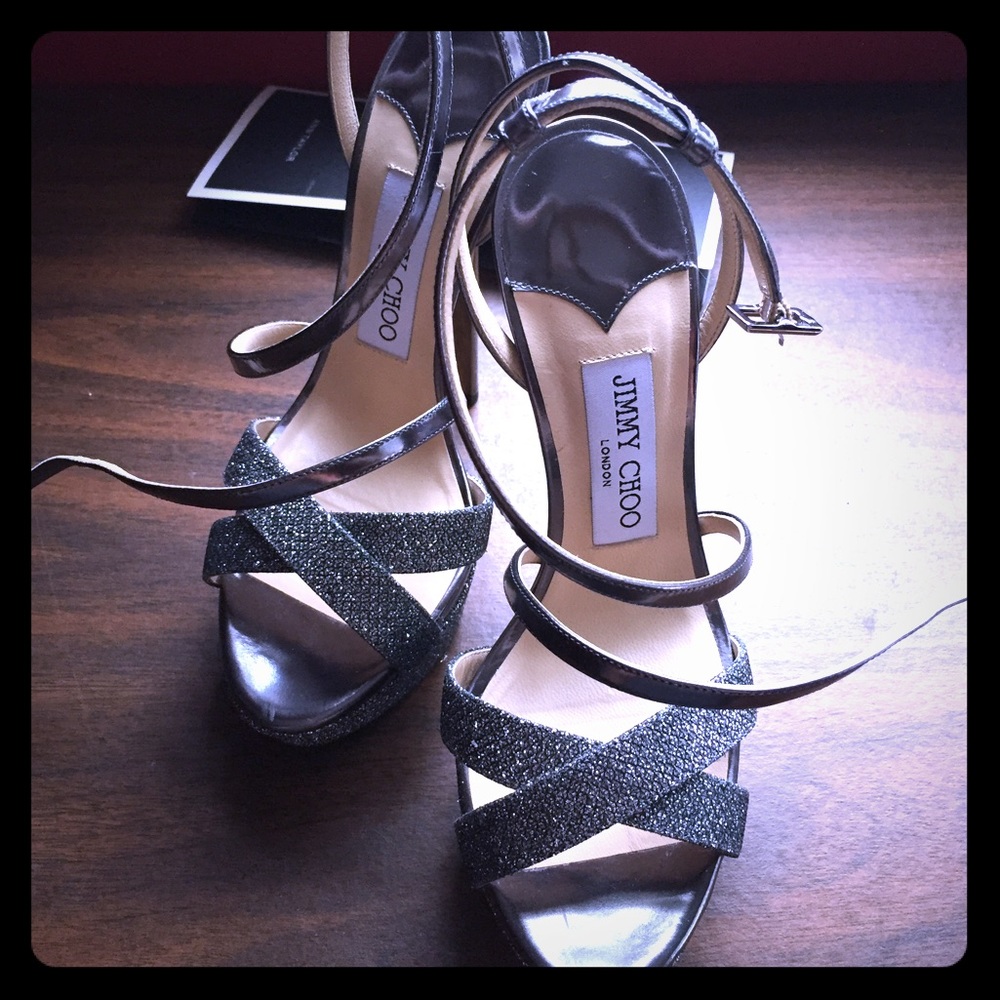 Jimmy Choos high heel lame glitter fabric sandals