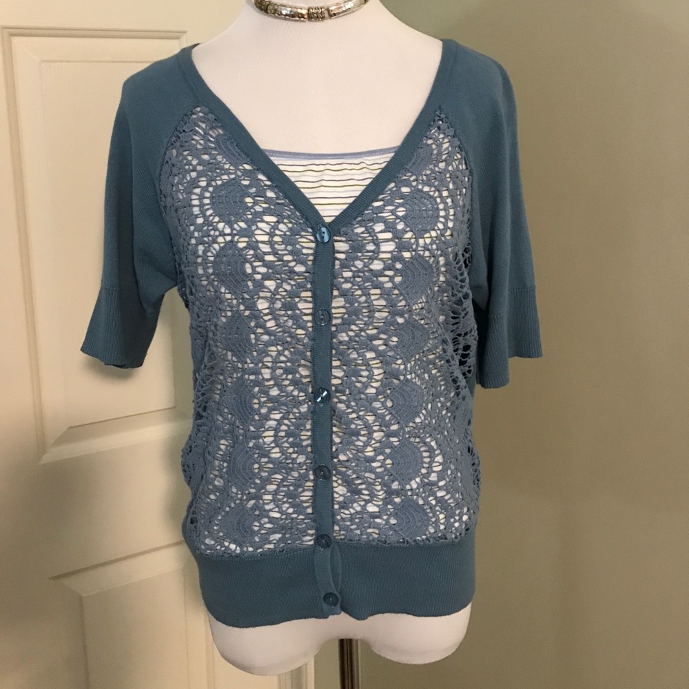 Blue Open Lace Crochet Front short Sleeve Cardigan