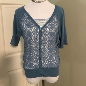 Blue Open Lace Crochet Front short Sleeve Cardigan