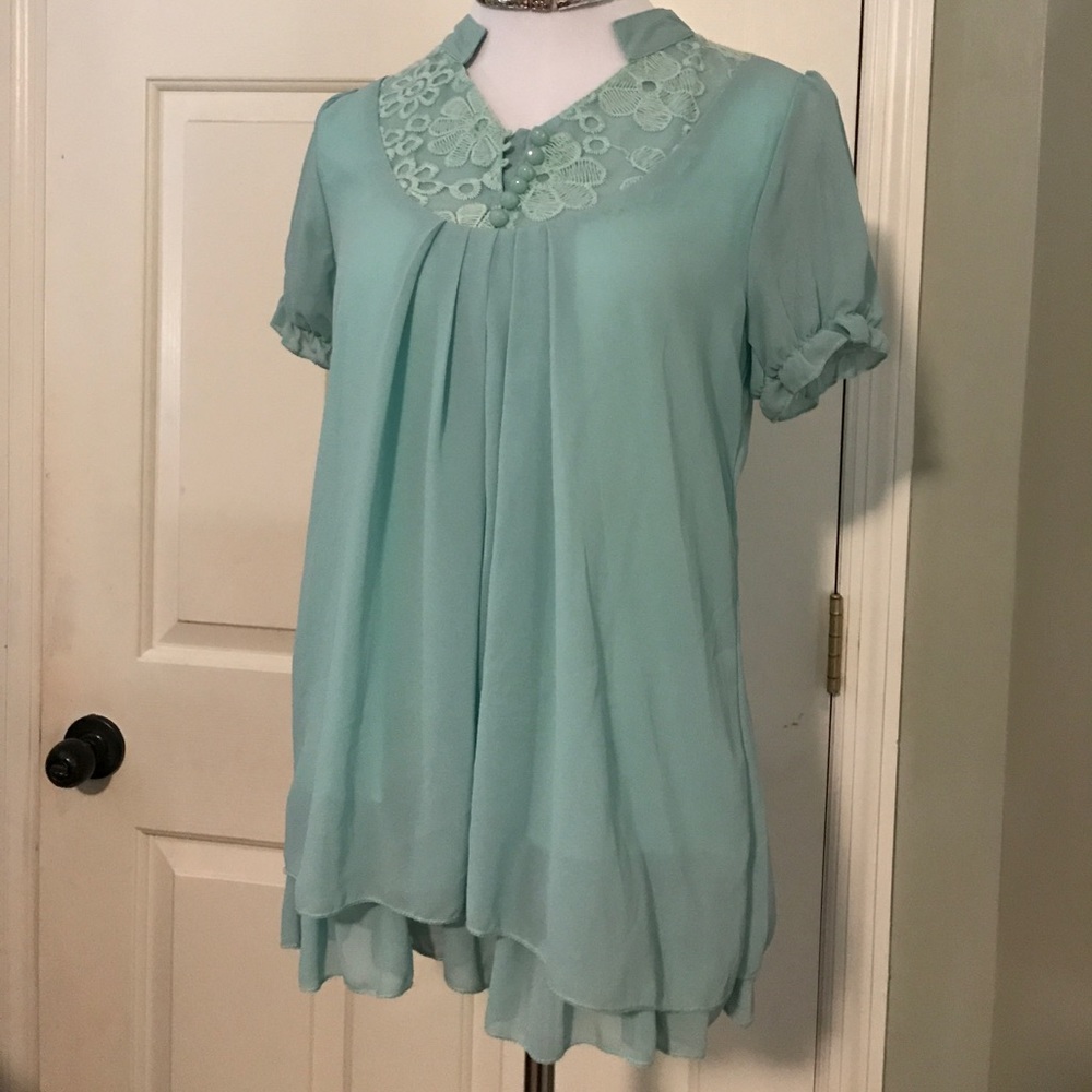Green kimono collar short sleeve blouse Korean XL