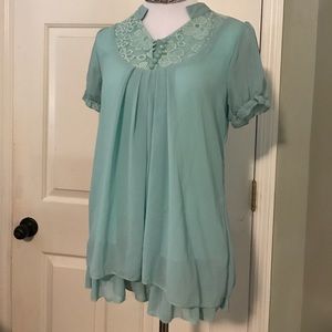 Green kimono collar short sleeve blouse Korean XL