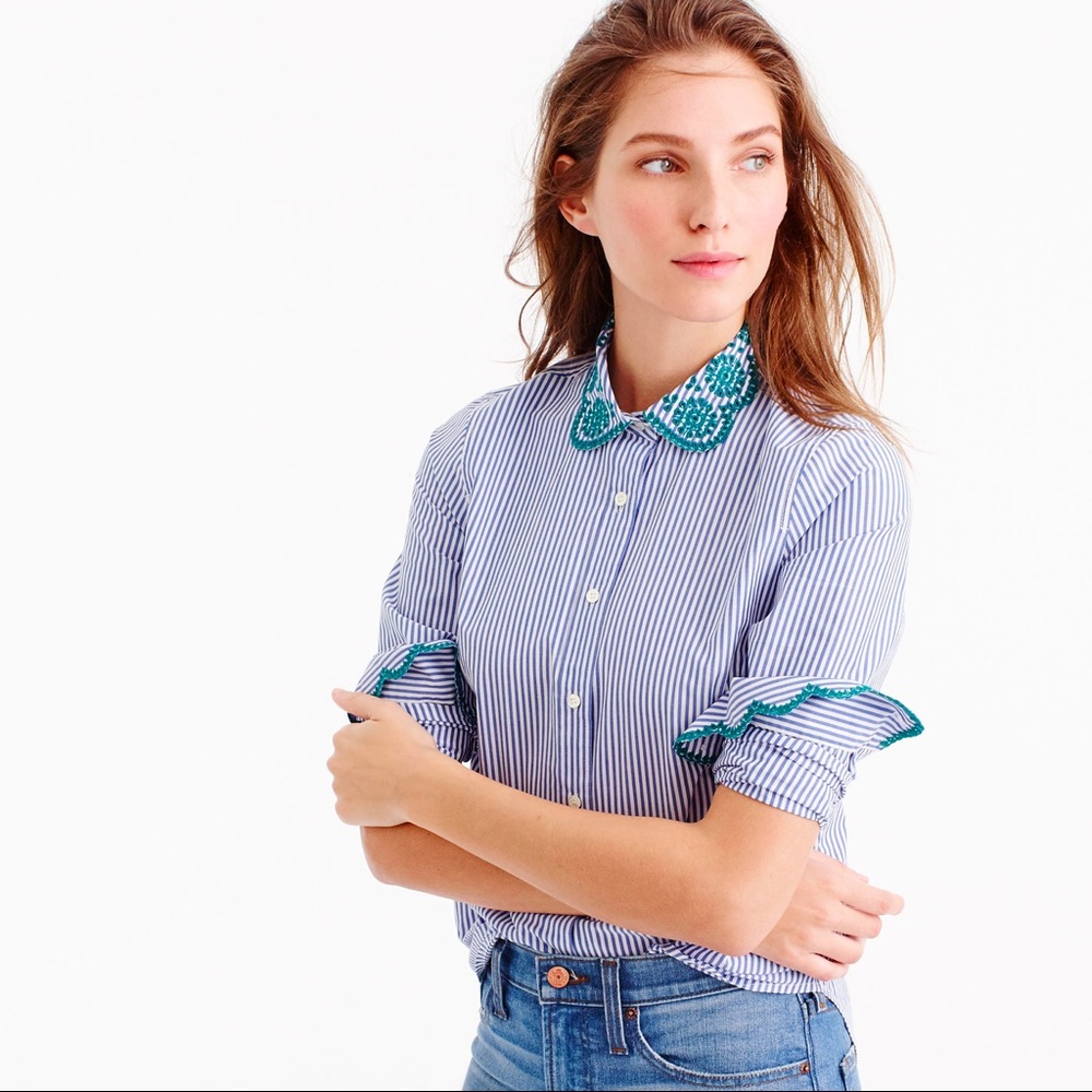 JCrew Blouse with Embroidered Neckline and Sleeves