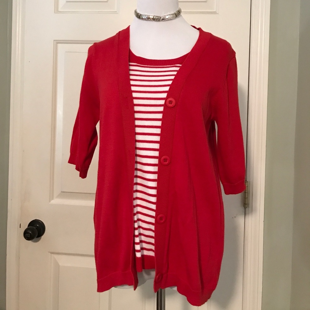 Red & White Built in layered Cardigan look Sweater