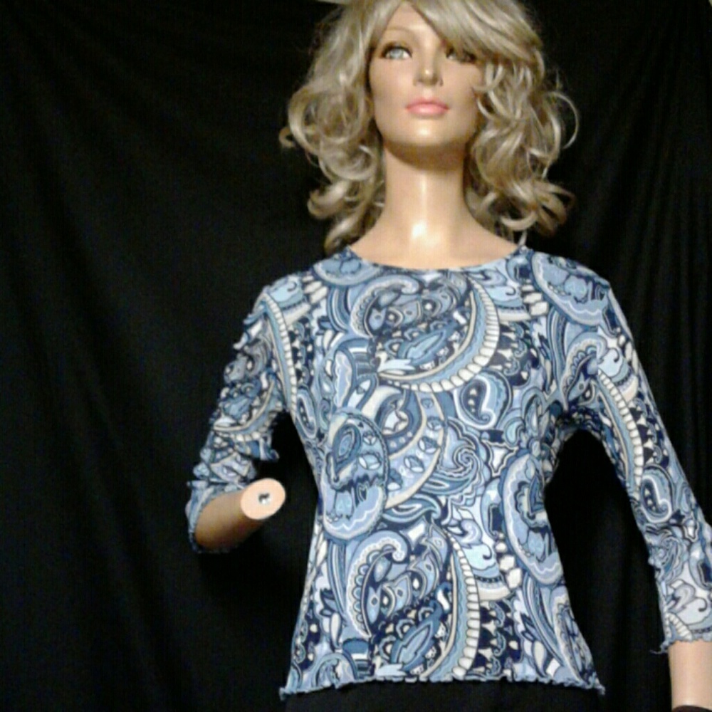 Blue Abstract Boho Print 3/4 Sleeve Top