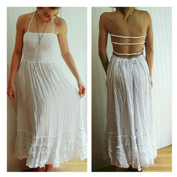 ONE LEFT!! White Strappy Backless Boho Halter Maxi - Picture 4 of 8