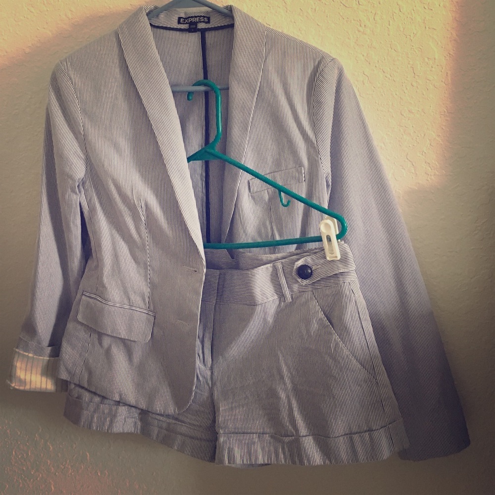 Navy and white pinstrip short and jacket set