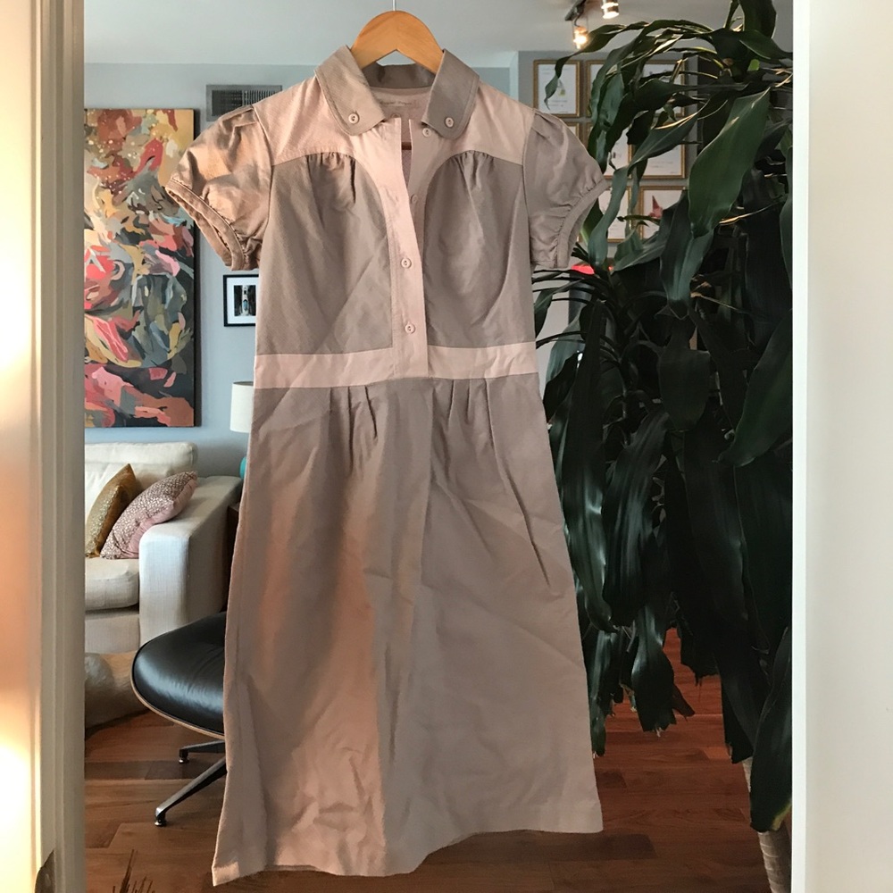 Lightly patterned grey and light pink dress