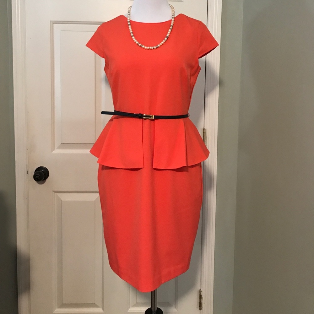 Coral Mini-Dress Belted, Peplum Waist Size 6