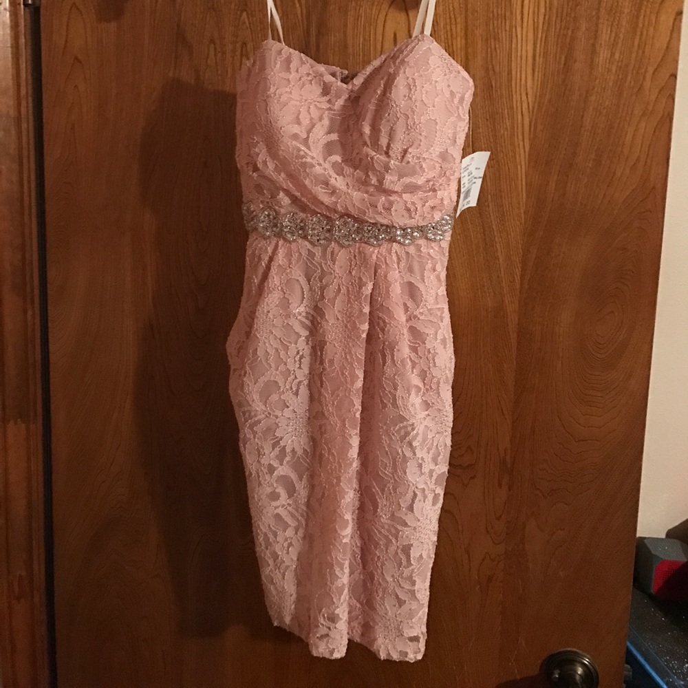 Light pink lace bridesmaid dress.