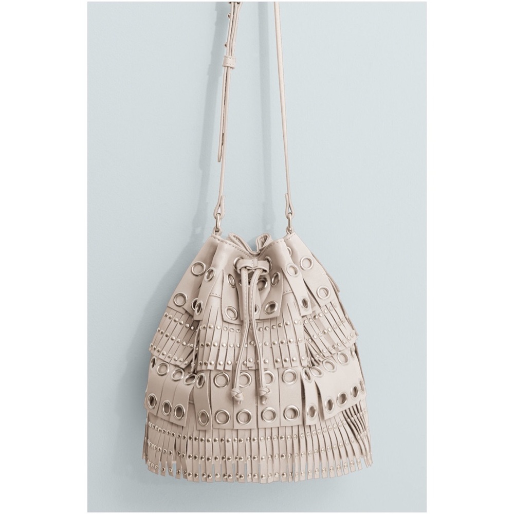 Mango Studded Fringed Eyelet Small Bucket Bag
