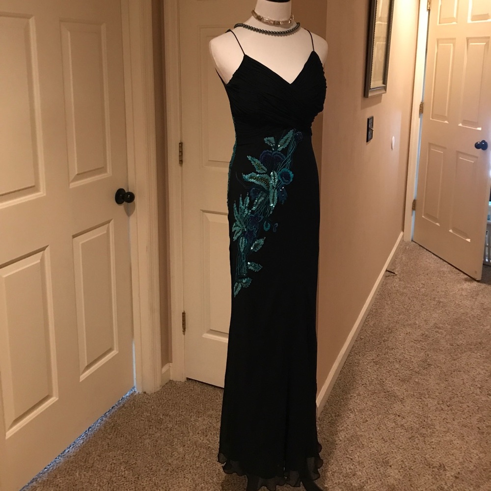 Black Maxi-Dress.  Teal, Floral appliqué.  Size 6.