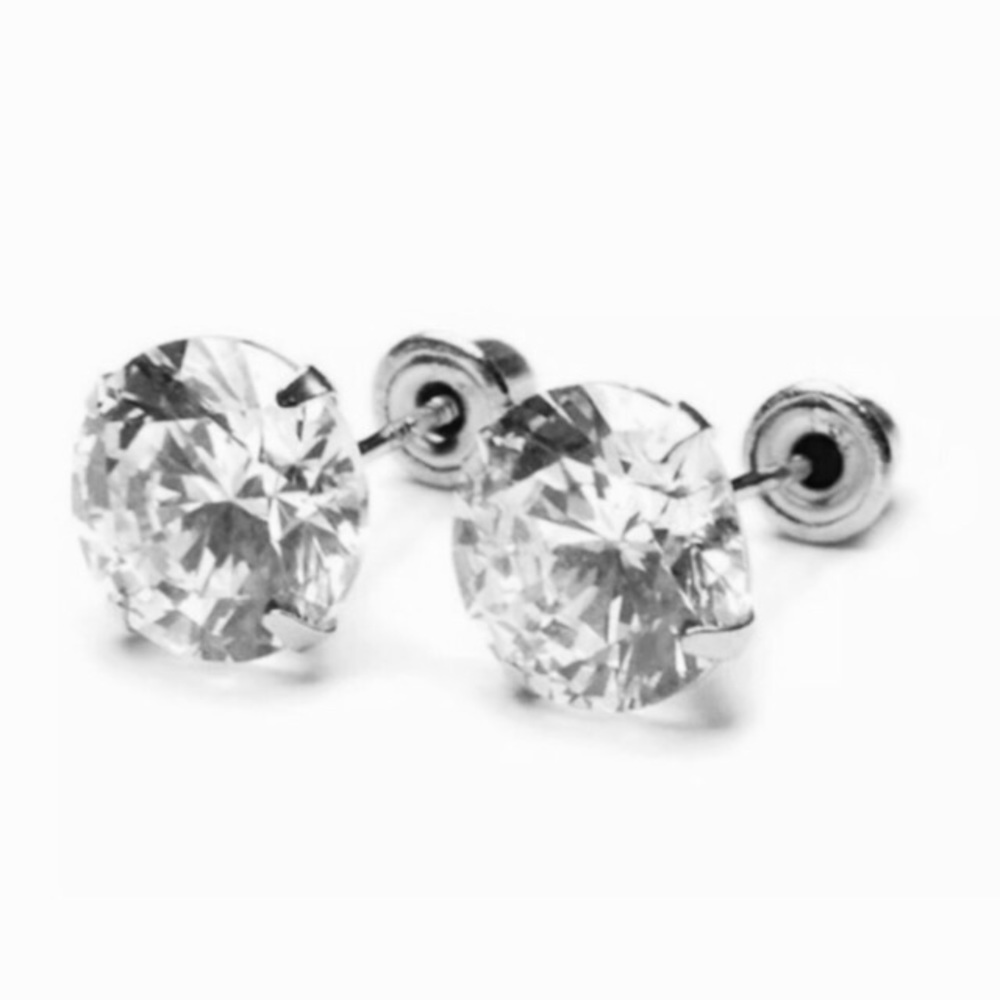 14k Pure White Gold 8mm CZ Stud Earrings - Picture 3 of 4