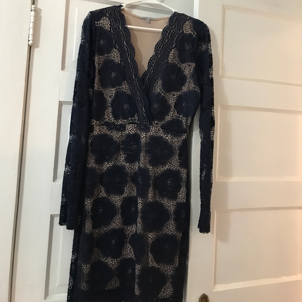 Navy long sleeve lace dress with nude slip