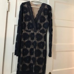 Navy long sleeve lace dress with nude slip