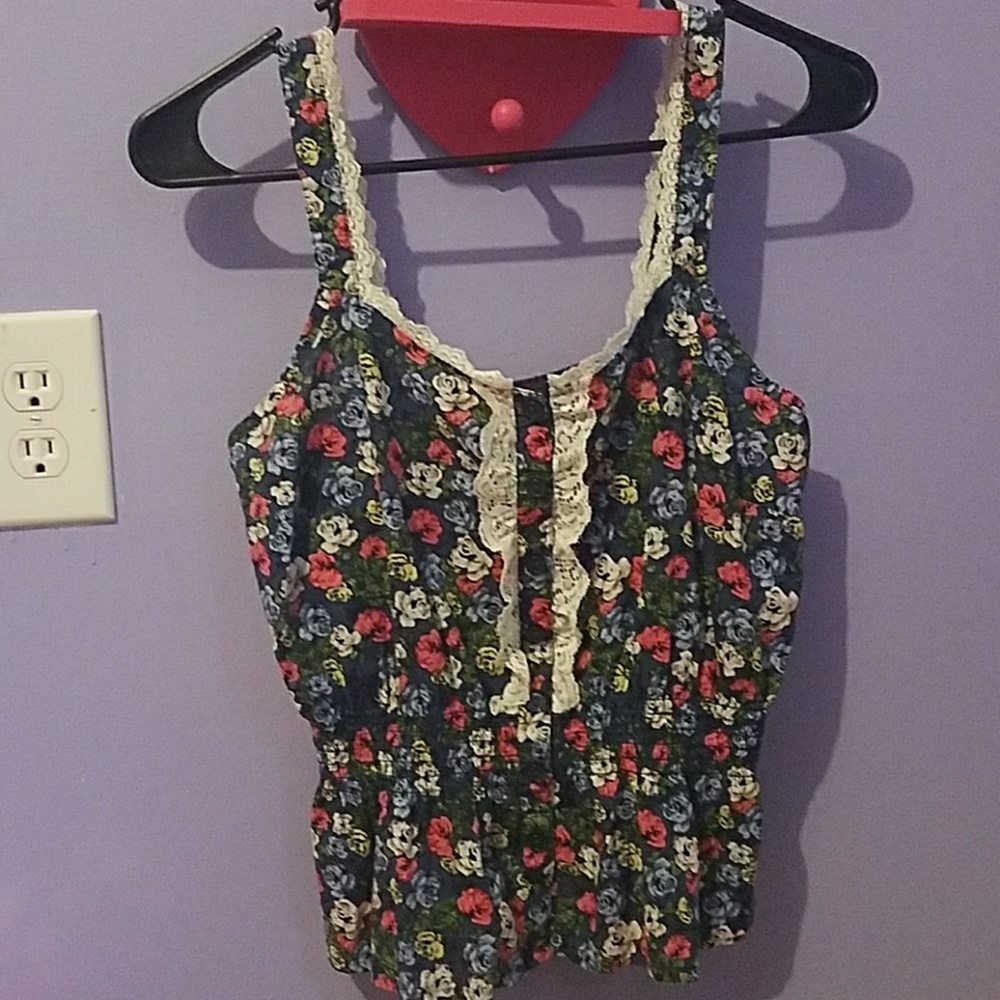 Navy blue floral tank top elastic flare waist