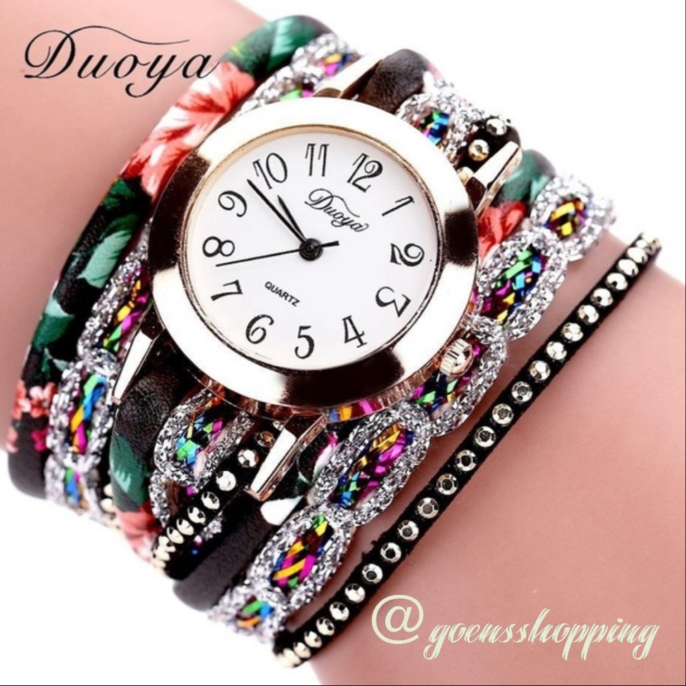 Women's Black Leather SALE Floral Wrap Boho Watch