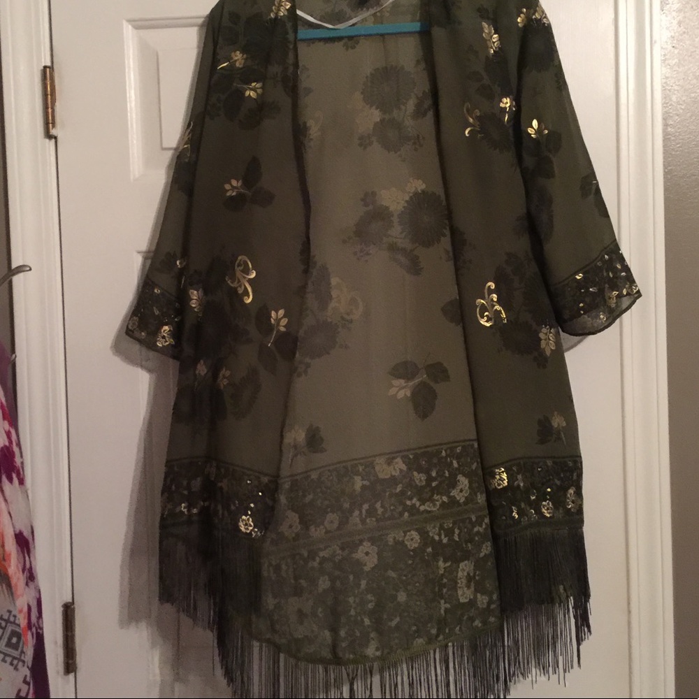 Kimono-ish  green & gold fringe charming Charlie's