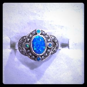 Blue opal and pearls silver ring