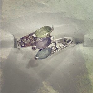 Peridot, amethyst, blue topaz filigree ring