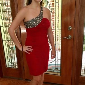Deep Red and Jeweled Cross Strap Cocktail Dress