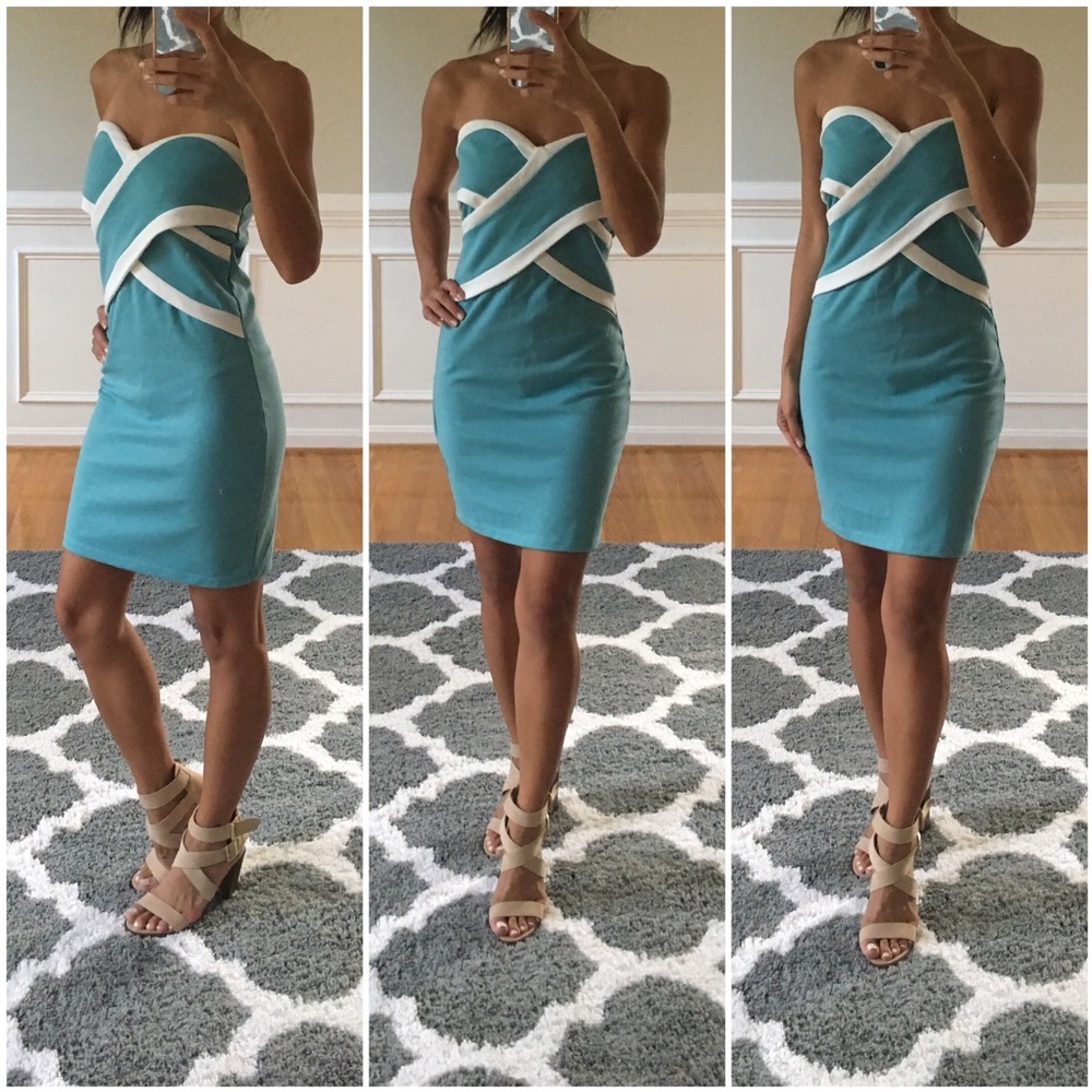 Teal w/ white trim criss cross cotton dress. Sz M