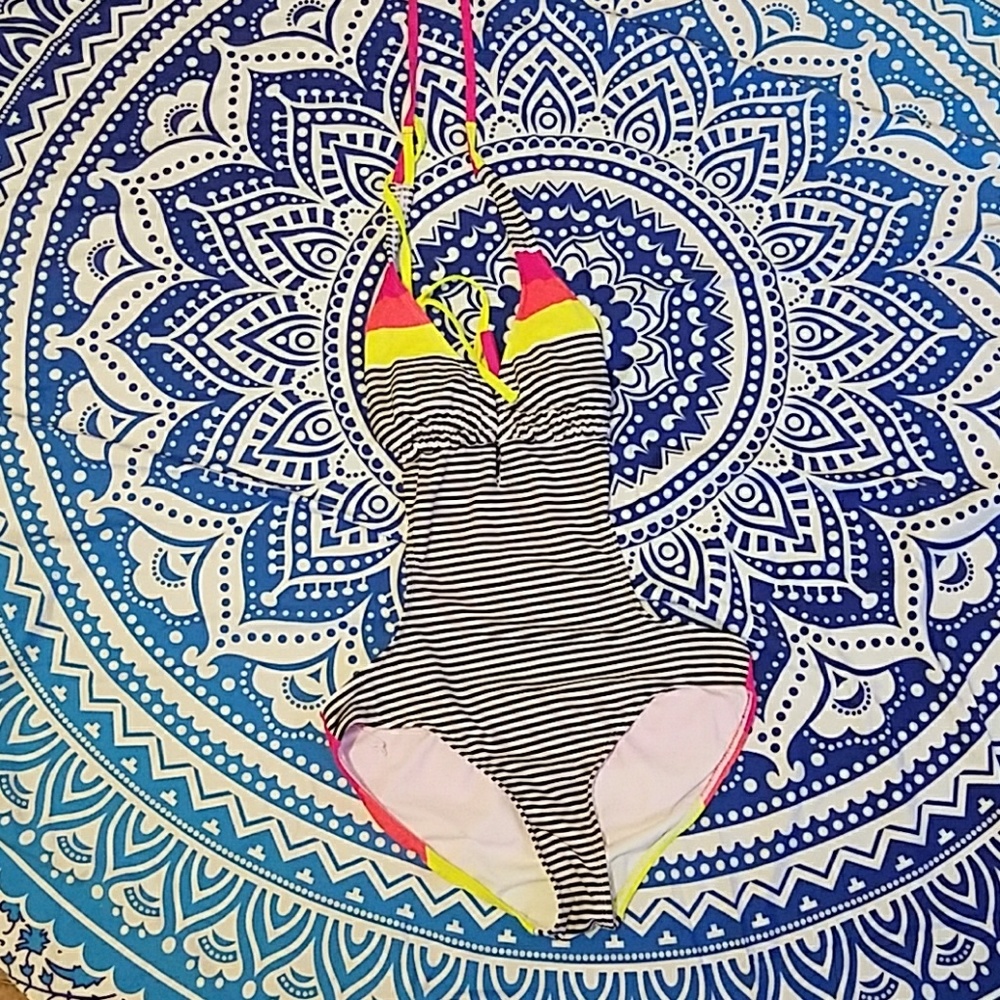 Striped hyper color one piece open back swimsuit