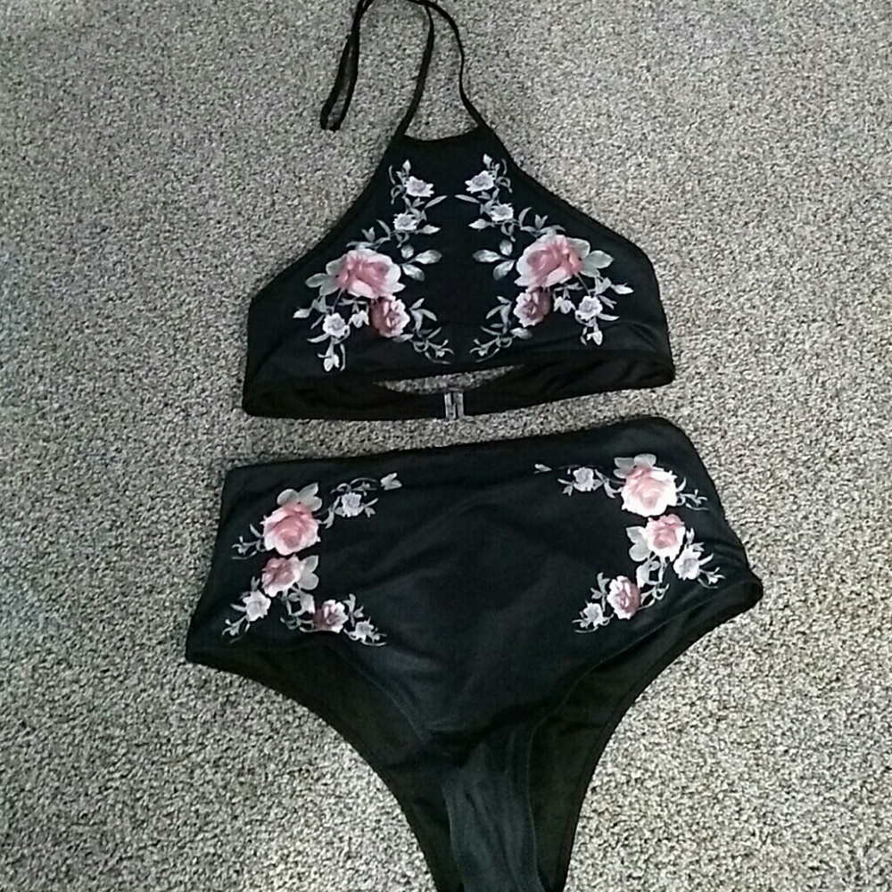 Black/floral two piece swimsuit