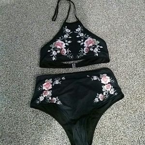 Black/floral two piece swimsuit