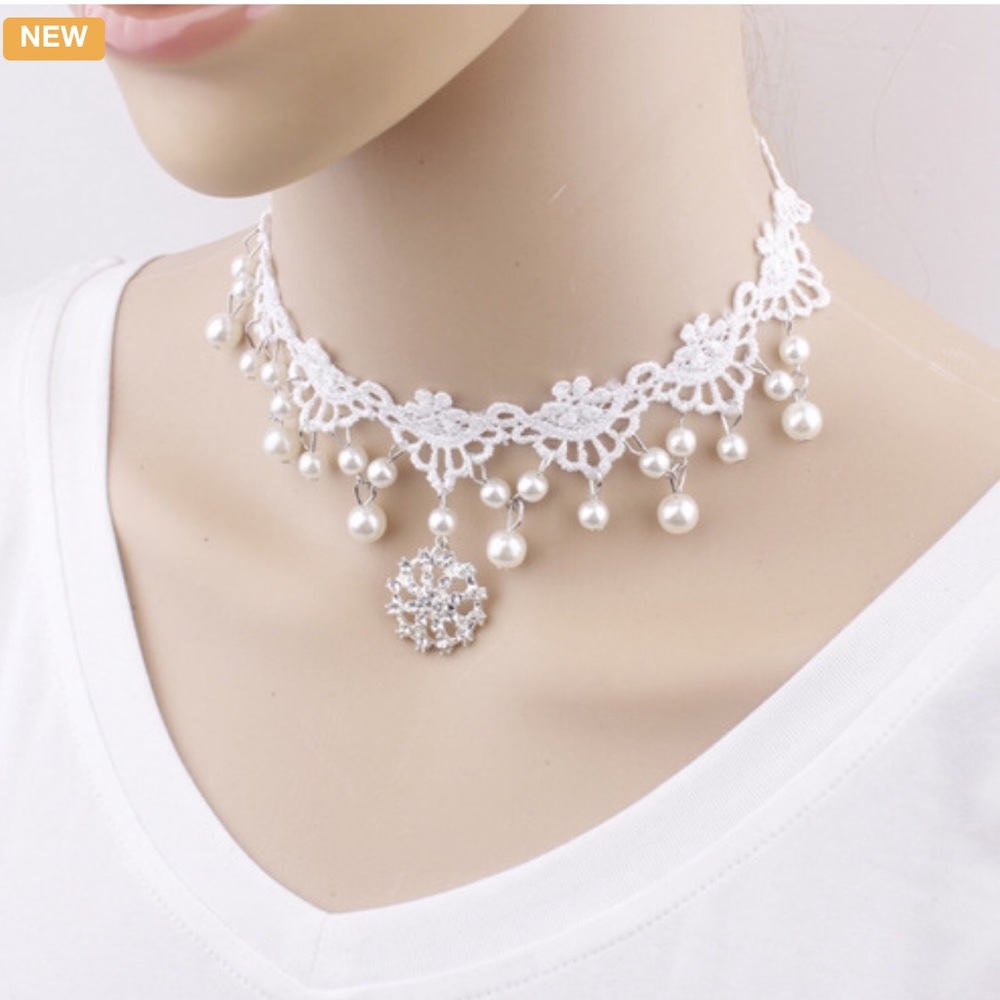 White Lace & Pearls Choker Silver Accent
