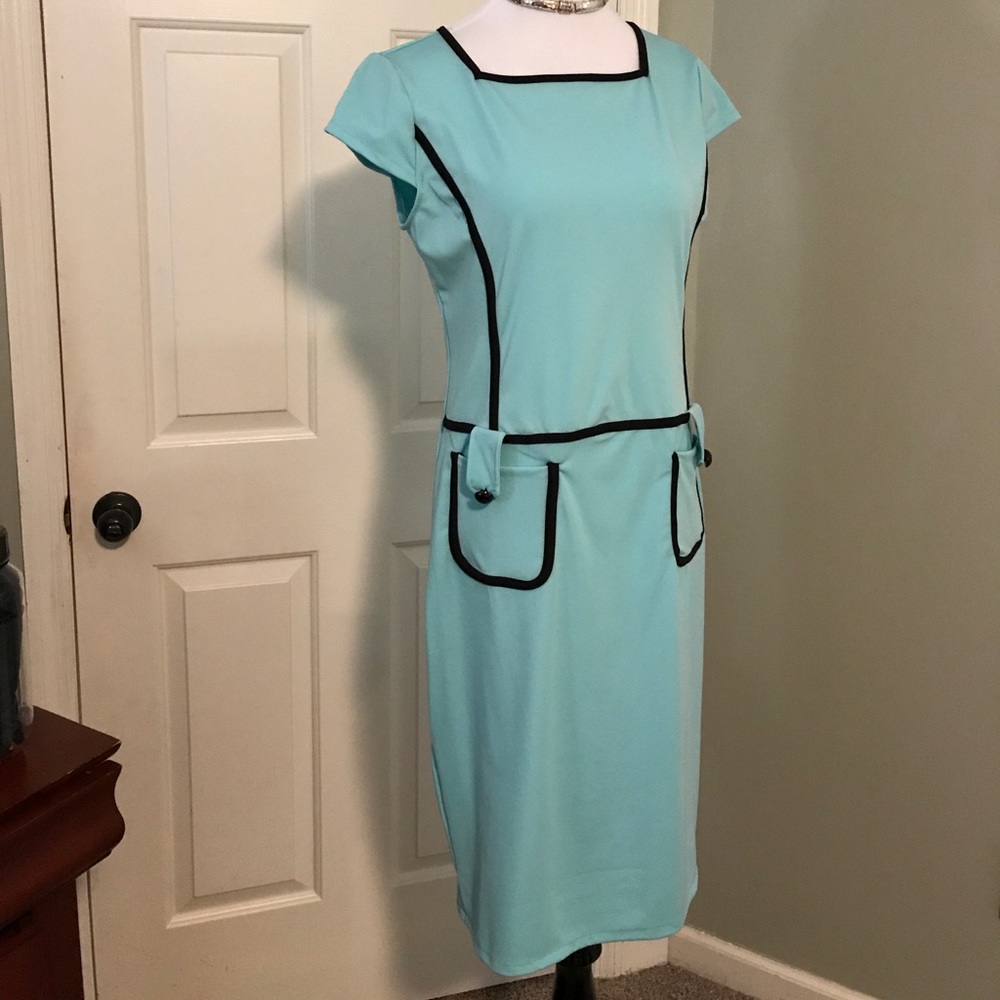 Tiffany Blue Midi-Dress.  Black Trim.  Size 6.