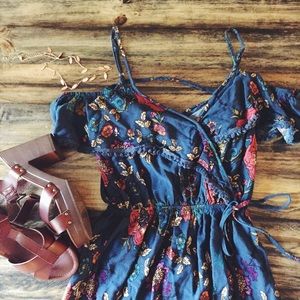 Navy floral cold shoulder mini summer dress-XS