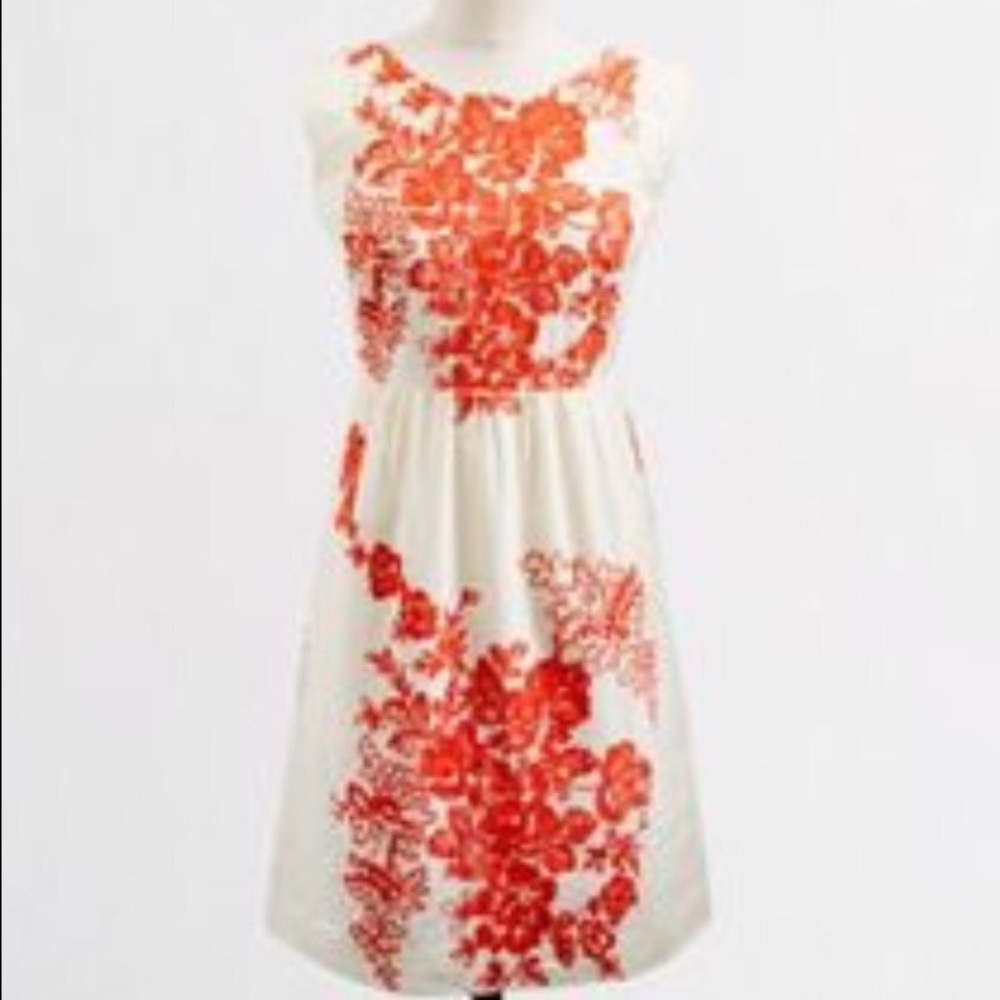Creme J Crew dress with embroidered floral detail