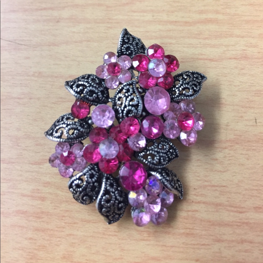 Pink and Silver floral brooch pin