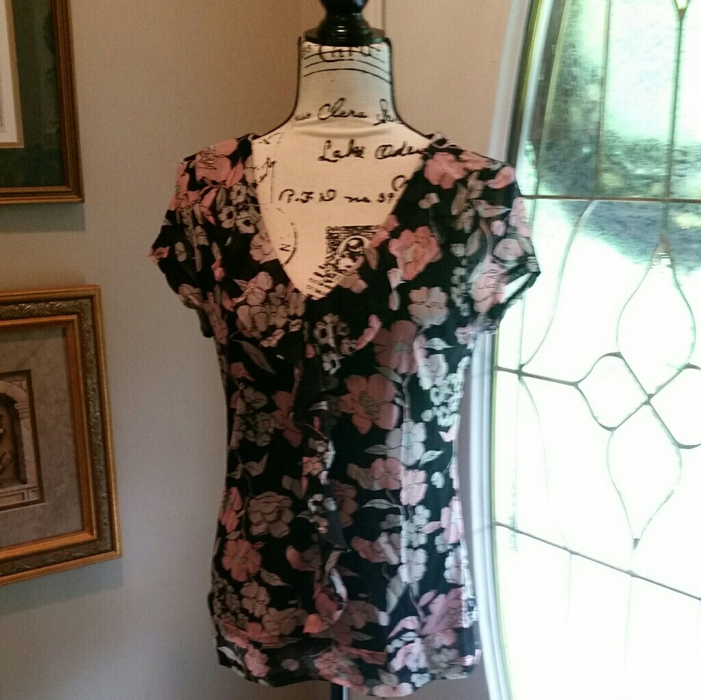New York & Company Pink & Gray on Black Mesh Top