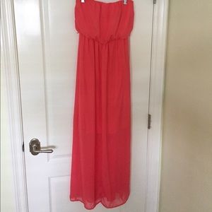 Long coral dress with slits at the bottom:)