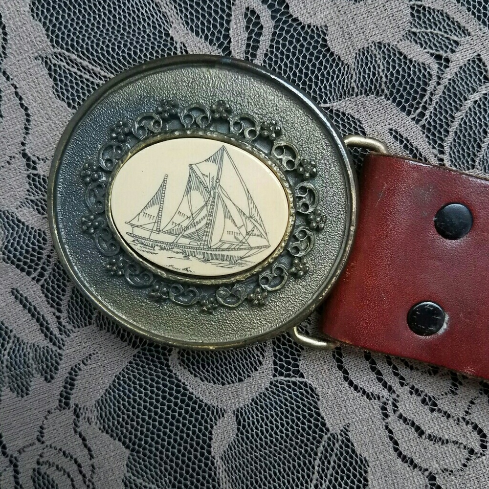 Vintage Brass Scrimshaw Art Nautical Ship Belt