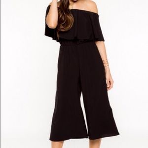 Everly black off-the-shoulder culotte jumpsuit.