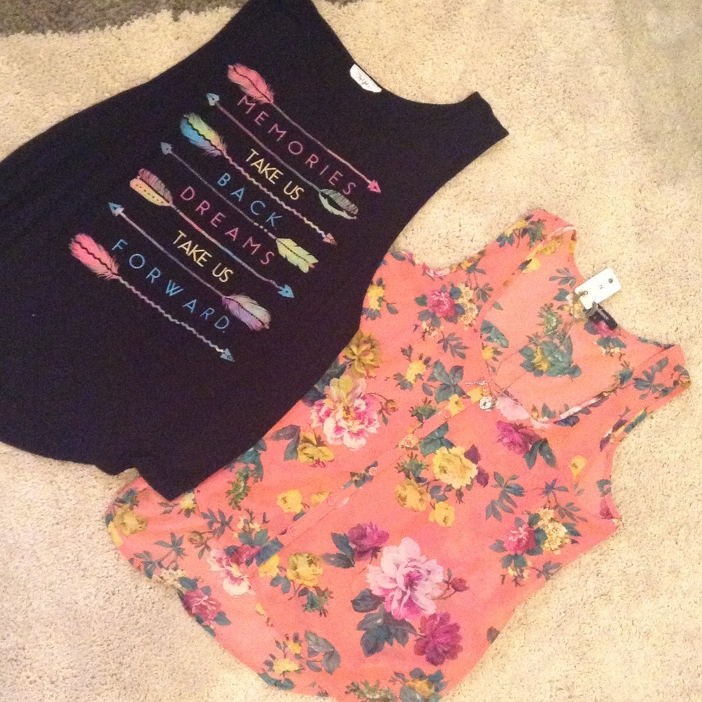 Floral button up sheer tank, black tank with arrow