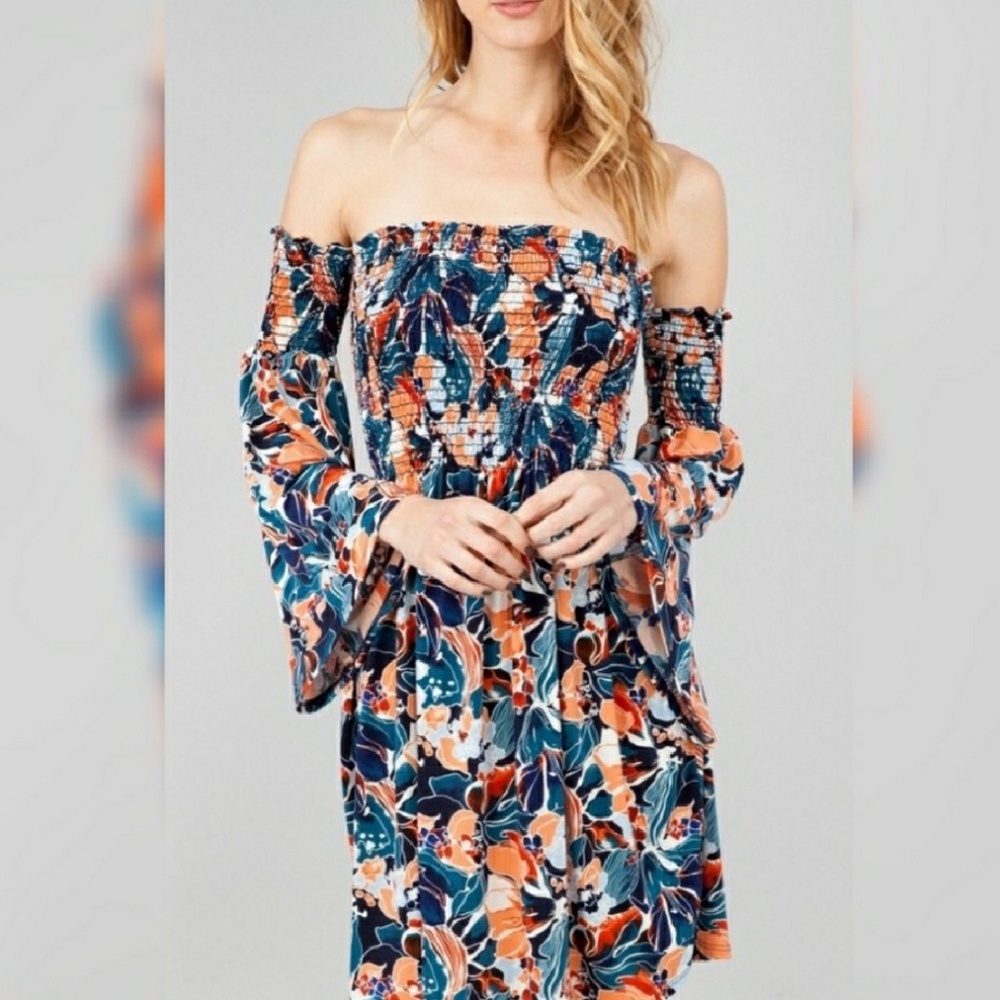 Retro Floral Blue Off the Shoulder Swing Dress - Picture 2 of 5