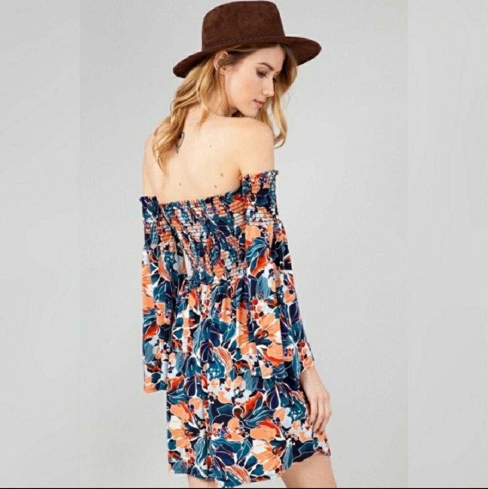 Retro Floral Blue Off the Shoulder Swing Dress - Picture 3 of 5
