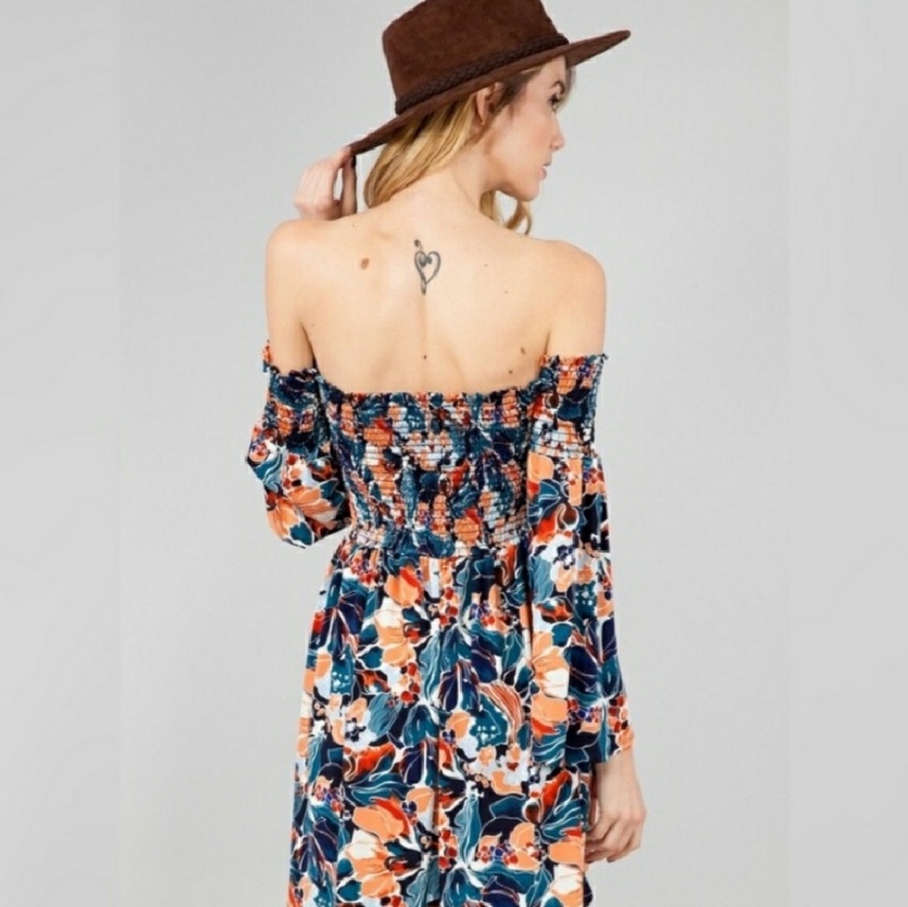 Retro Floral Blue Off the Shoulder Swing Dress - Picture 4 of 5