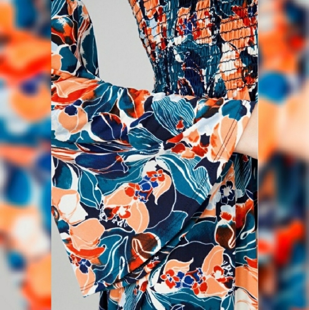 Retro Floral Blue Off the Shoulder Swing Dress - Picture 5 of 5