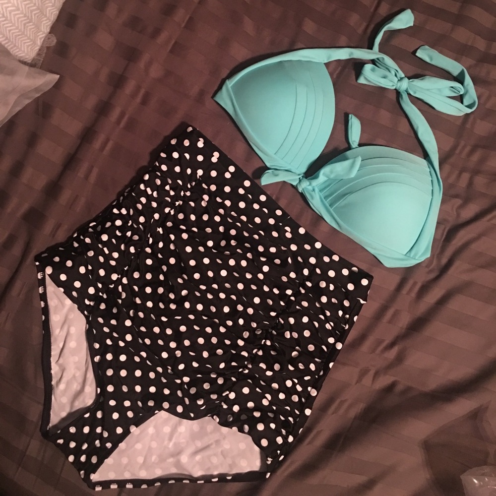 High waist bikini- turquoise top/polka dot bottom