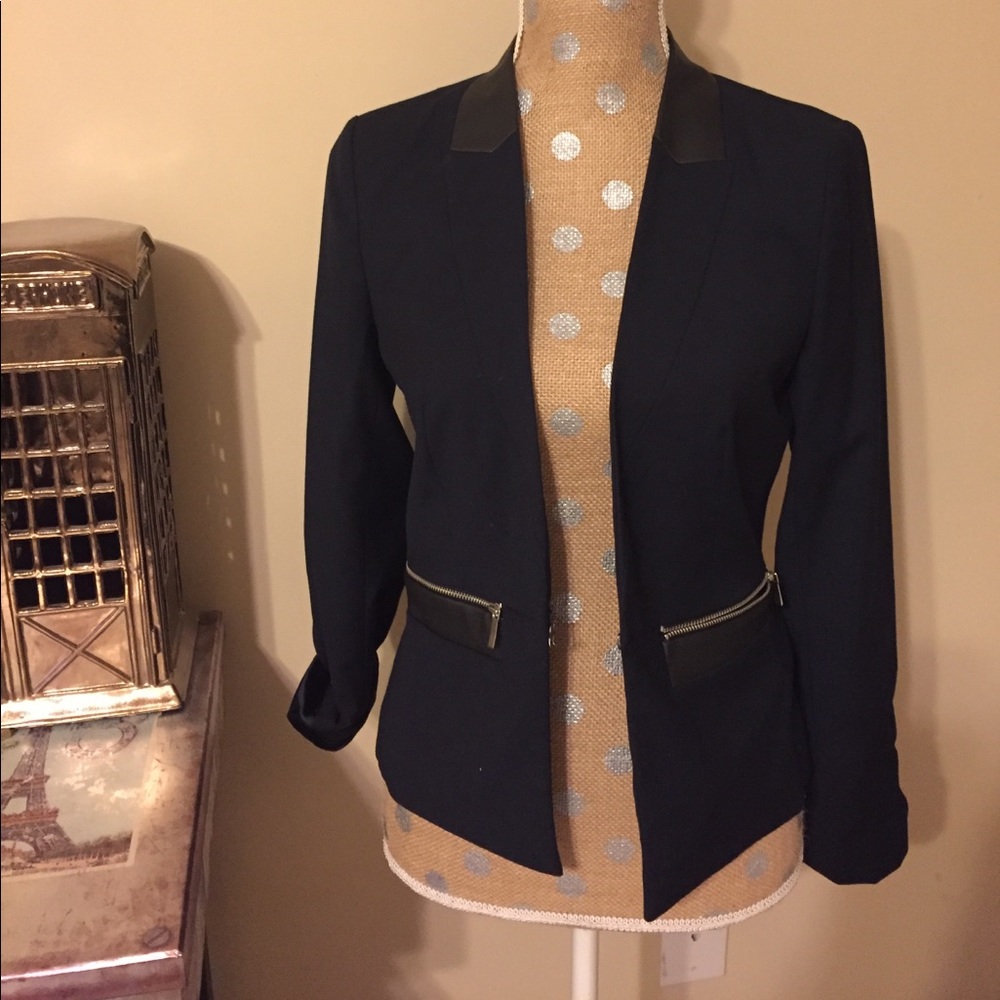 Banana Republic navy blazer black leather panels