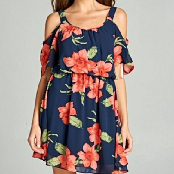 Navy Blue Cutout Shoulder Dress - Picture 2 of 4