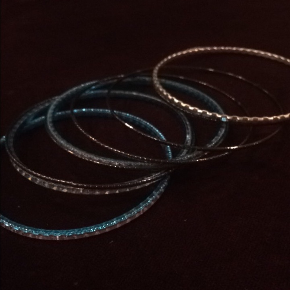 9 Black, Aqua Blue, and Silver Bangle Bracelets