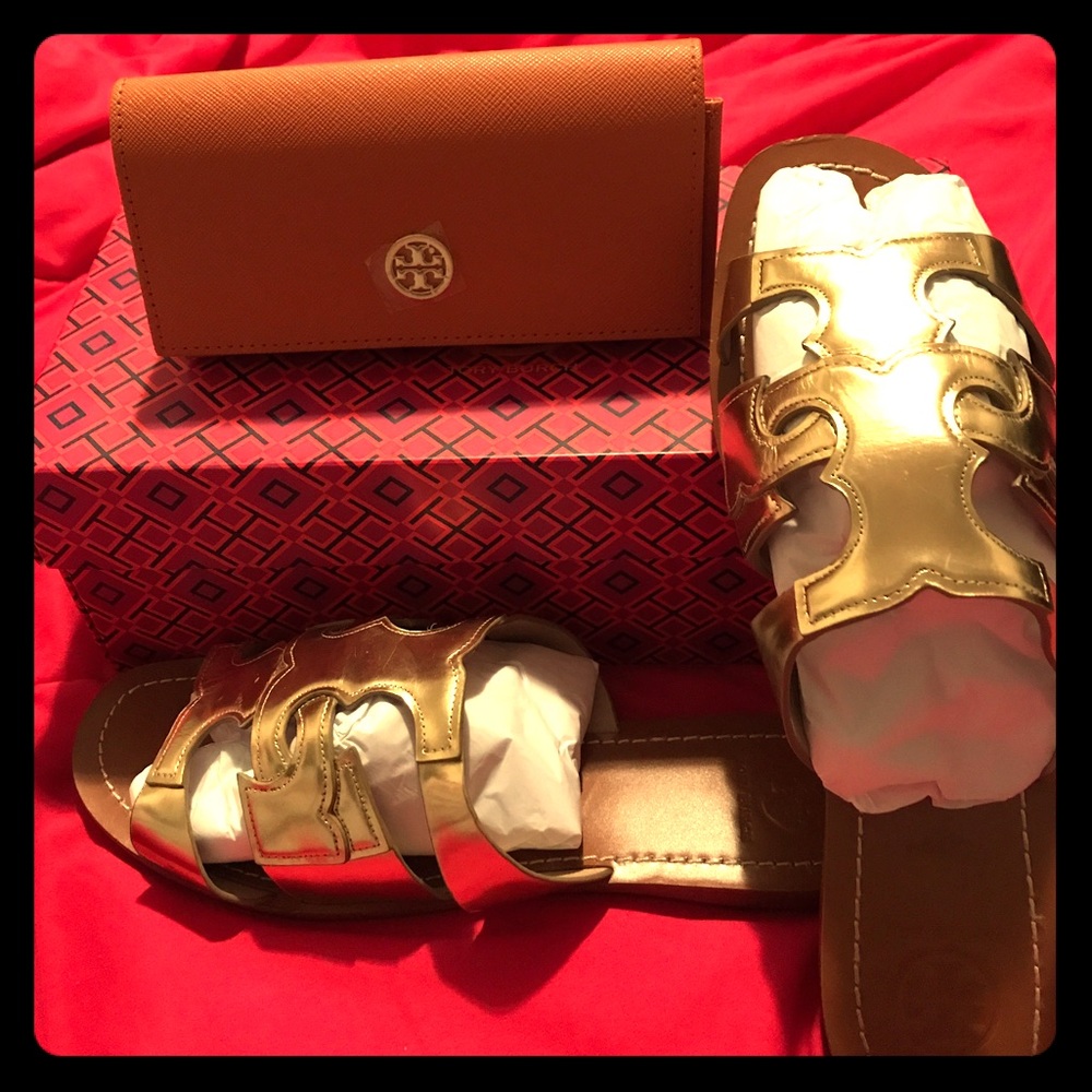 Gold and Tan Chandler Tory Burch sandals.