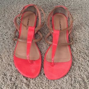 Coral and tan, double strap flat sandal. $15