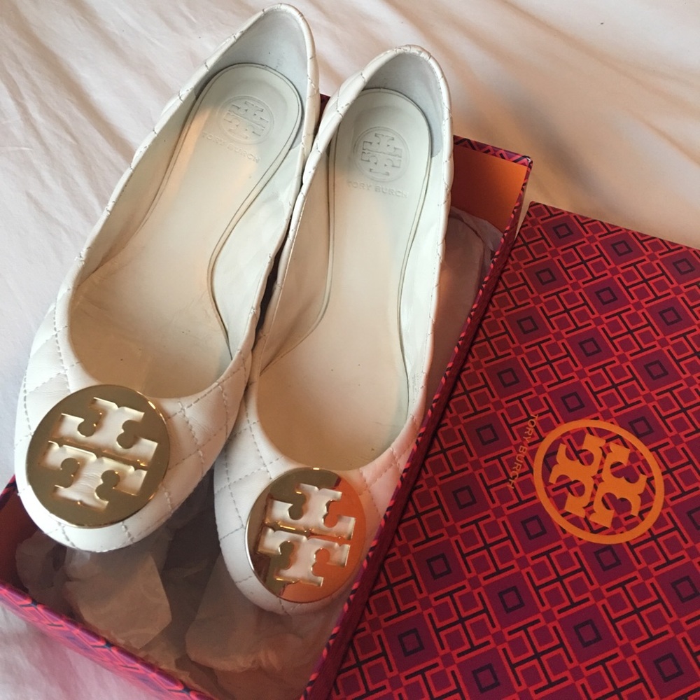 Tory Burch ivory and gold Quinn ballet flat